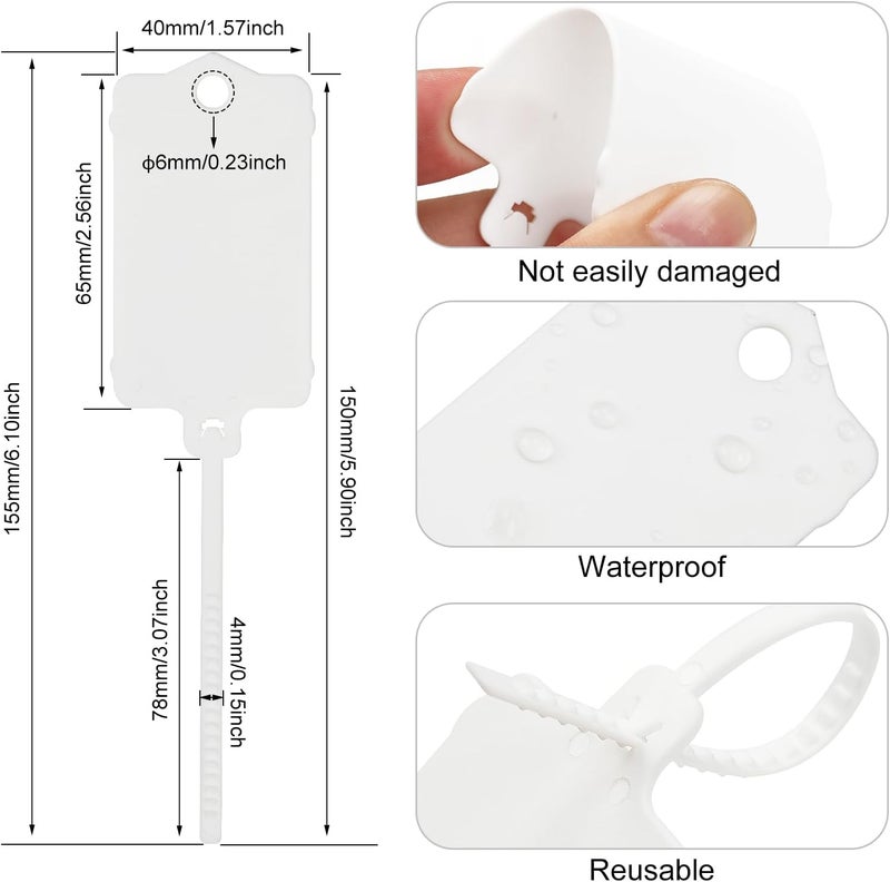 LeadSeals 100pcs Blank Plastic Tags for Labeling Reusable Hanging Tags Ties Key Tag Storage Labels Waterproof Plastic Mark Label Writable Hang Sign with One Marker Pen (White) - Image 3